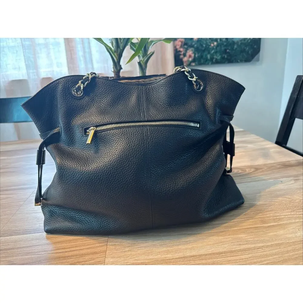 Tory Burch Thea Slouchy Chain Tote Bag Black Pebble Leather Gold Chain EUC